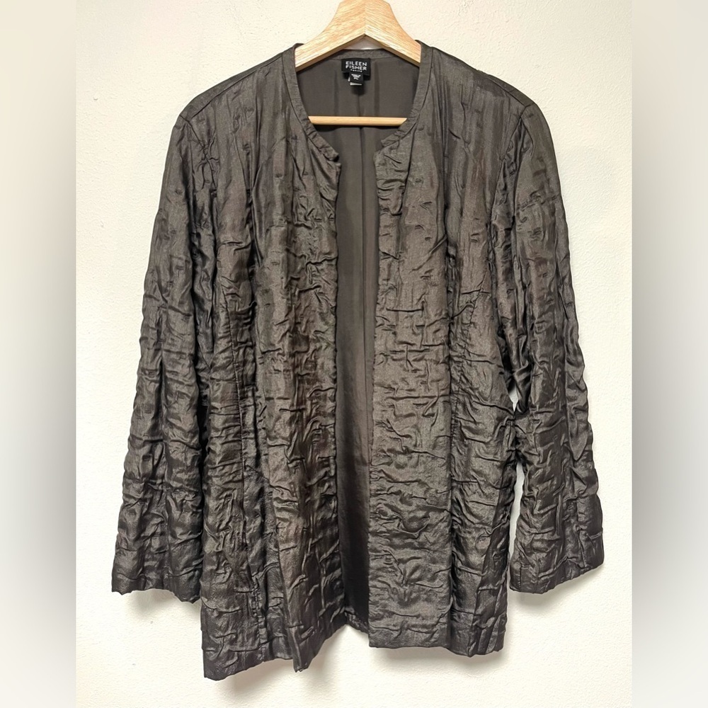 Eileen Fisher Silk Jacket Brown Mandarin Collar 
Size PL